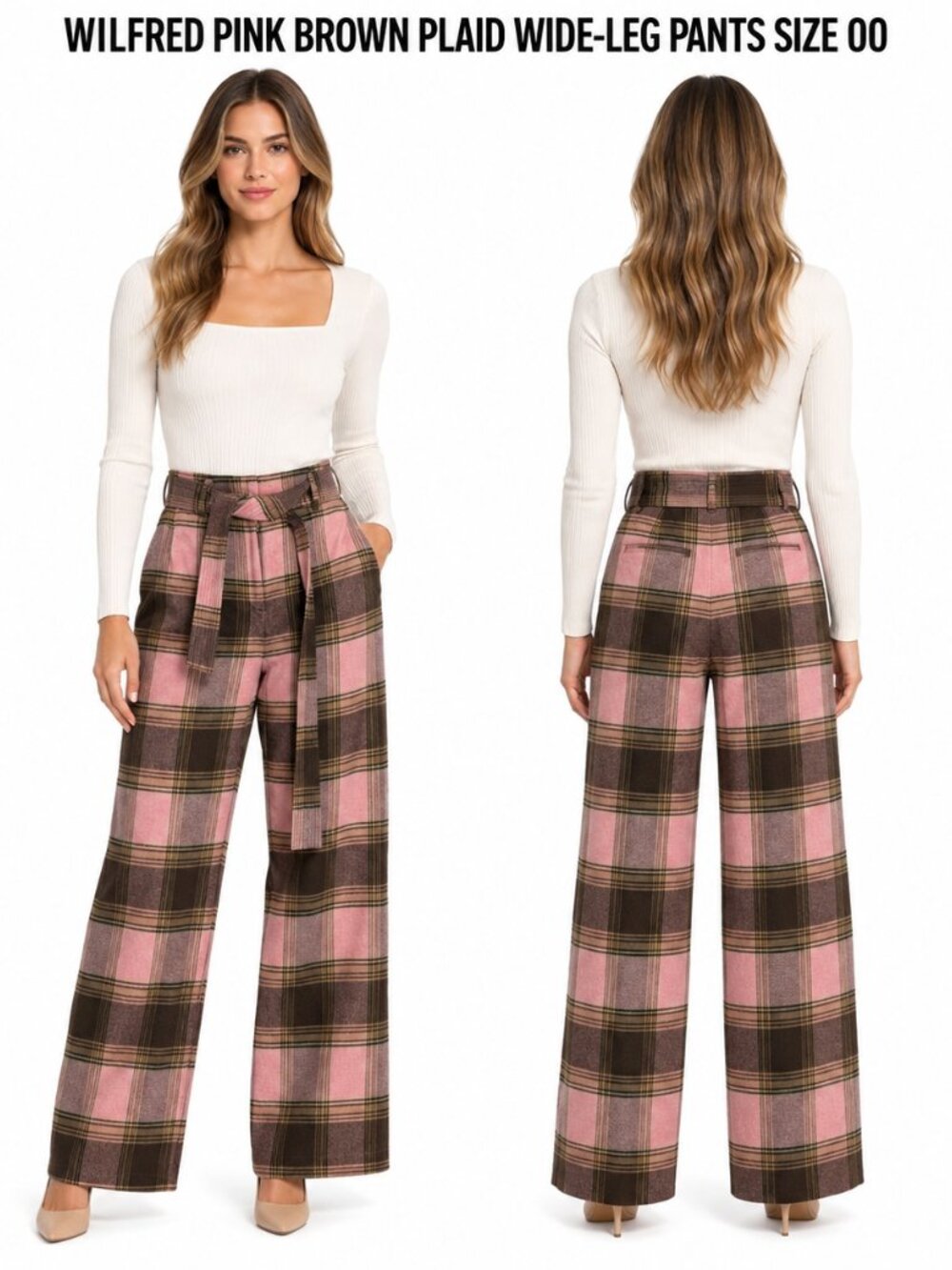 Wilfred Pink and Brown Plaid Wide-Leg Tie-Waist Pants